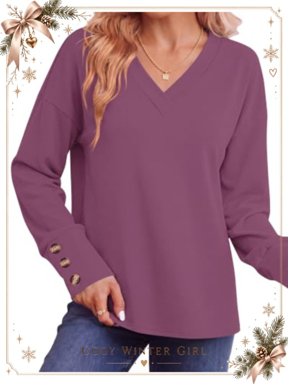 Womens V Neck Long Sleeve Pullover Sweatshirt Loose Fit Casual